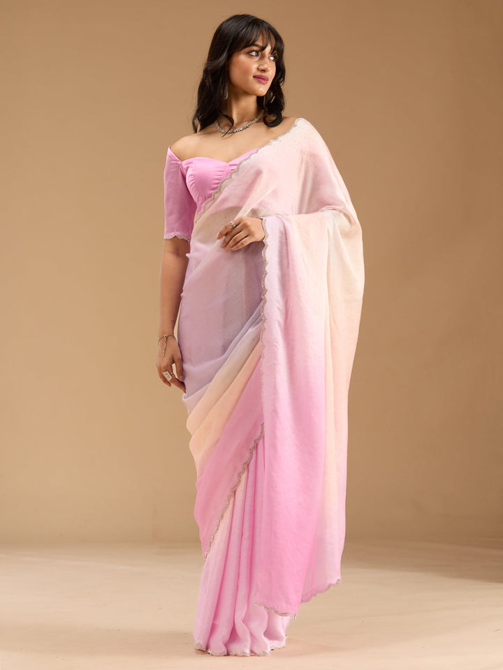 Baby Pink Stonework (Silver) Satin Saree-Koskii