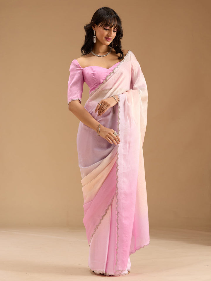 Baby Pink Stonework (Silver) Satin Saree-Koskii