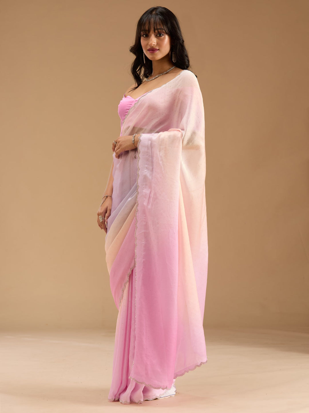 Baby Pink Stonework (Silver) Satin Saree-Koskii