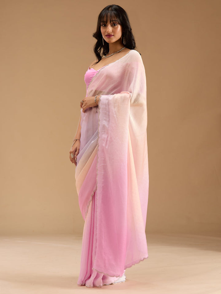 Baby Pink Stonework (Silver) Satin Saree-Koskii