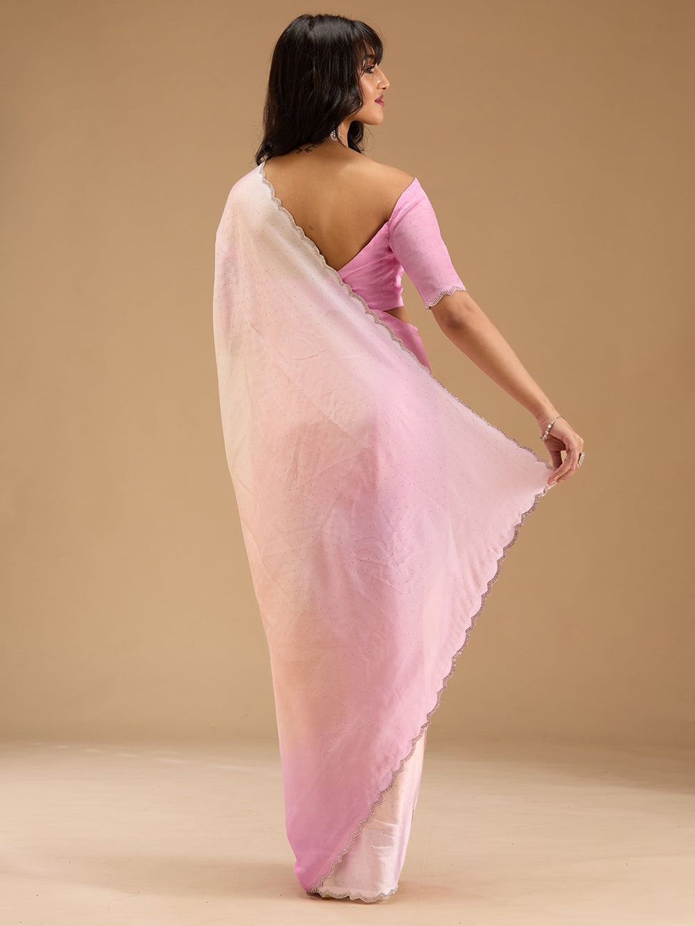 Baby Pink Stonework (Silver) Satin Saree-Koskii