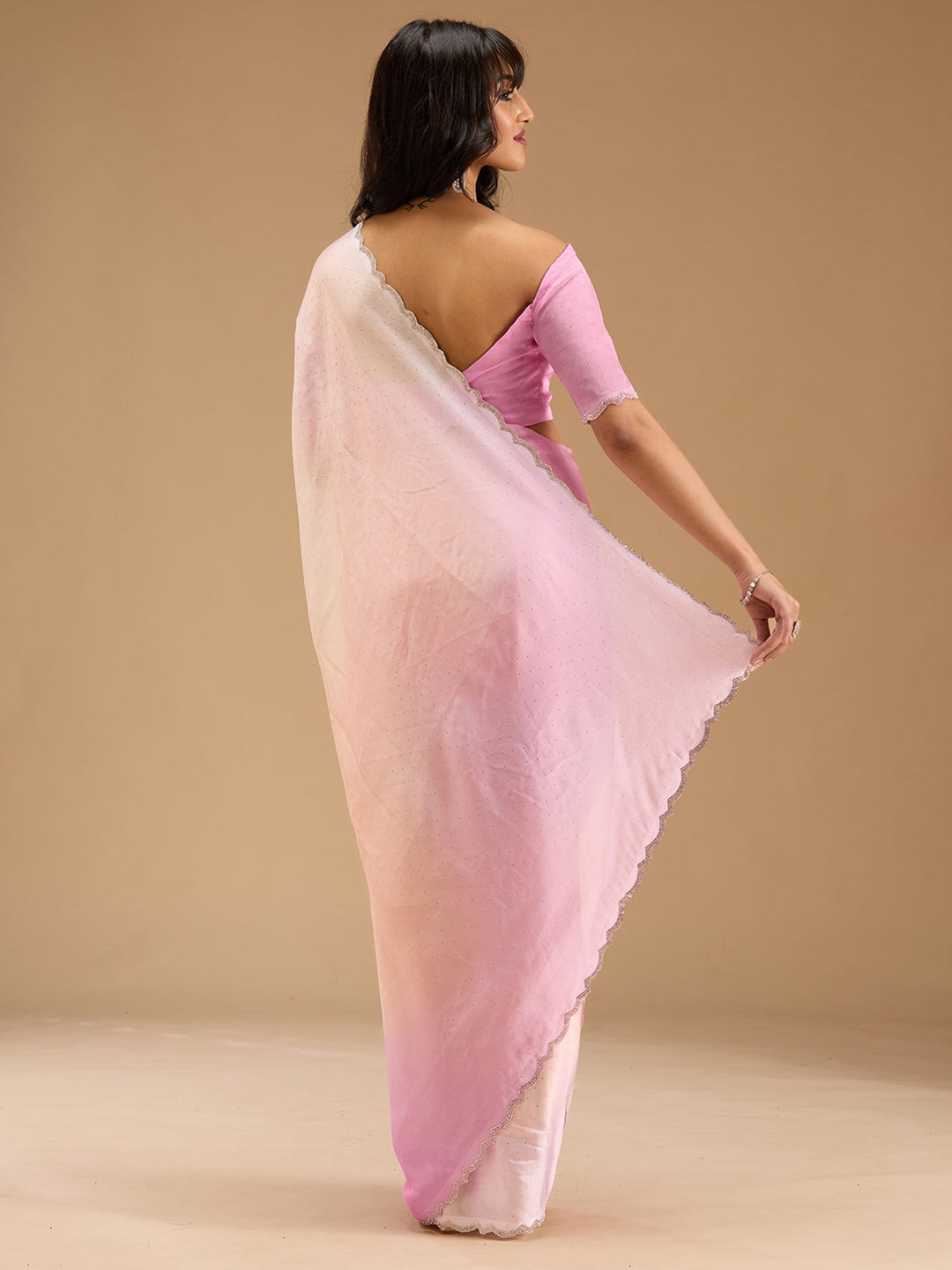 Baby Pink Stonework (Silver) Satin Saree-Koskii