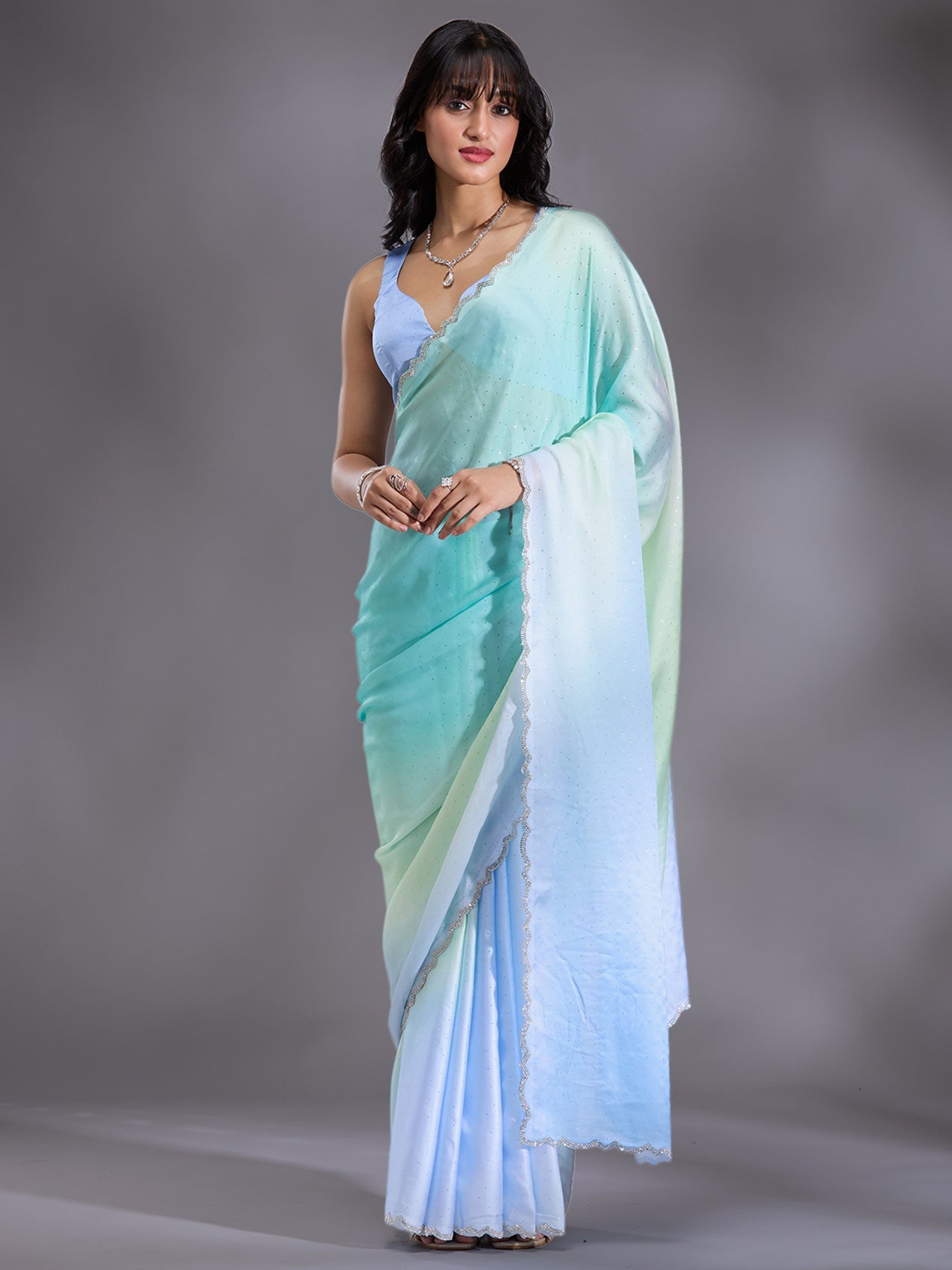 Sky Blue Stonework (Silver) Satin Saree-Koskii