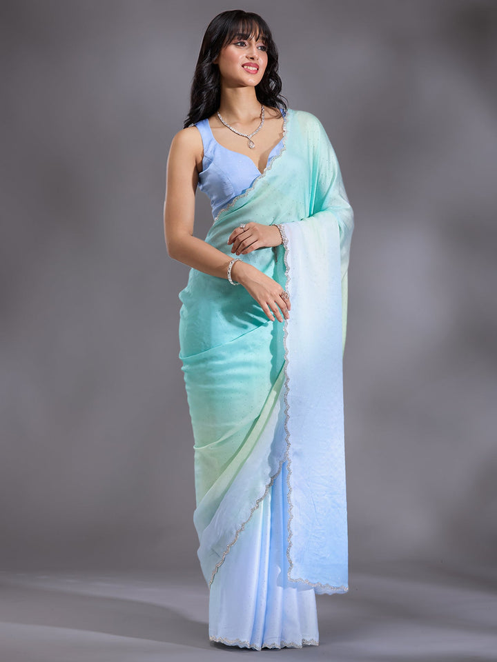 Sky Blue Stonework (Silver) Satin Saree-Koskii