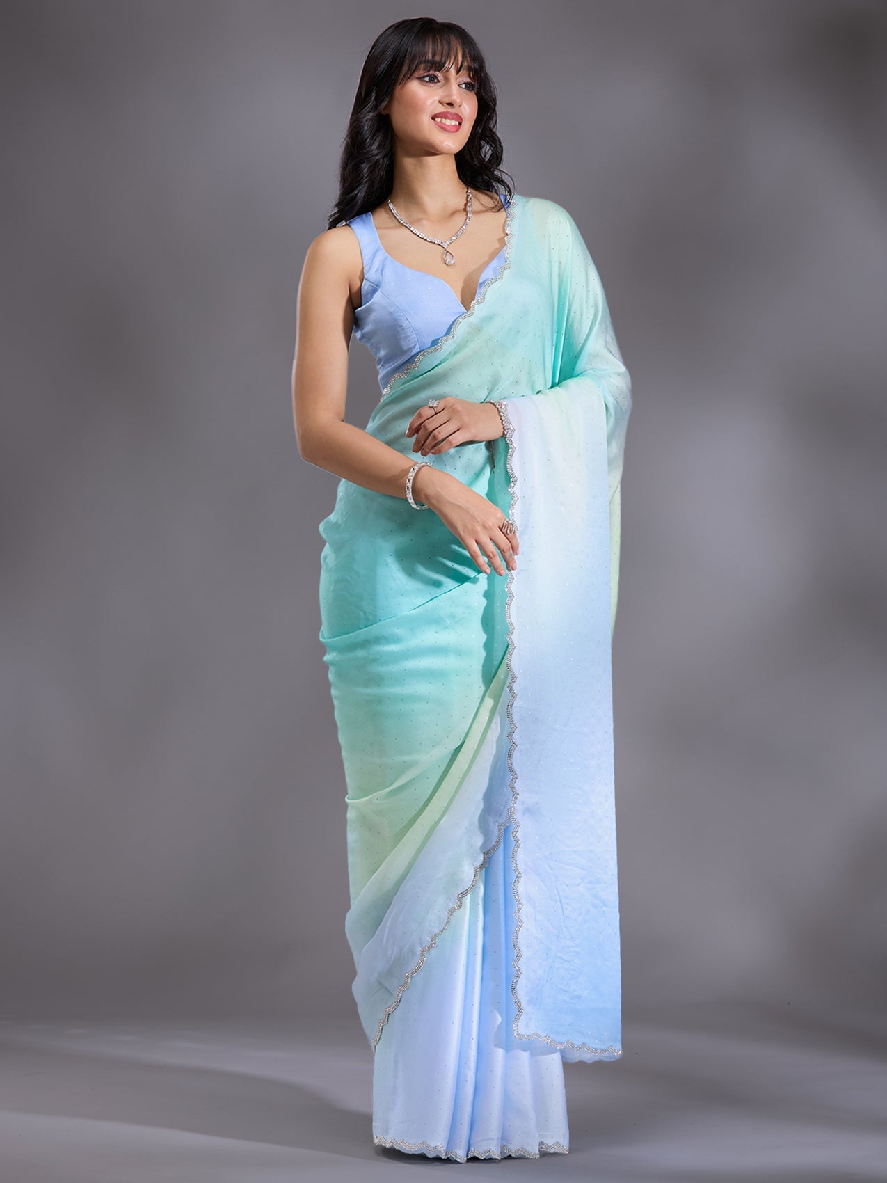 Sky Blue Stonework (Silver) Satin Saree-Koskii