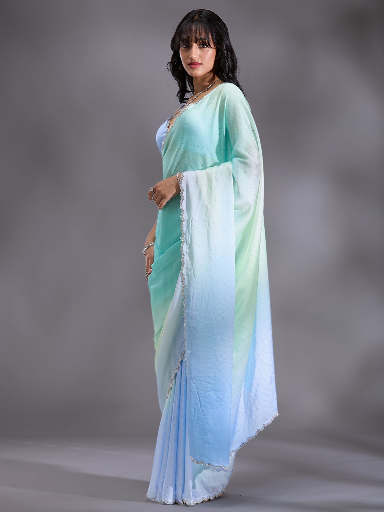 Sky Blue Stonework (Silver) Satin Saree-Koskii