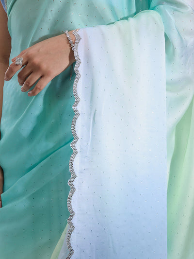Sky Blue Stonework (Silver) Satin Saree-Koskii