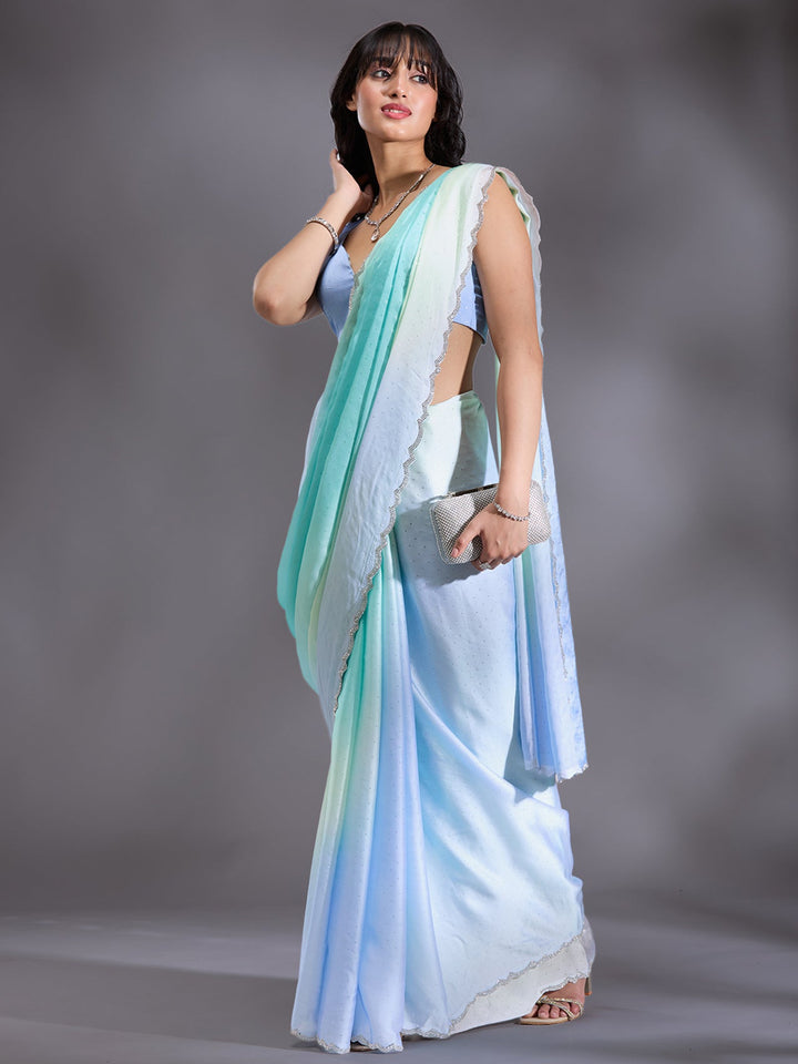 Sky Blue Stonework (Silver) Satin Saree-Koskii