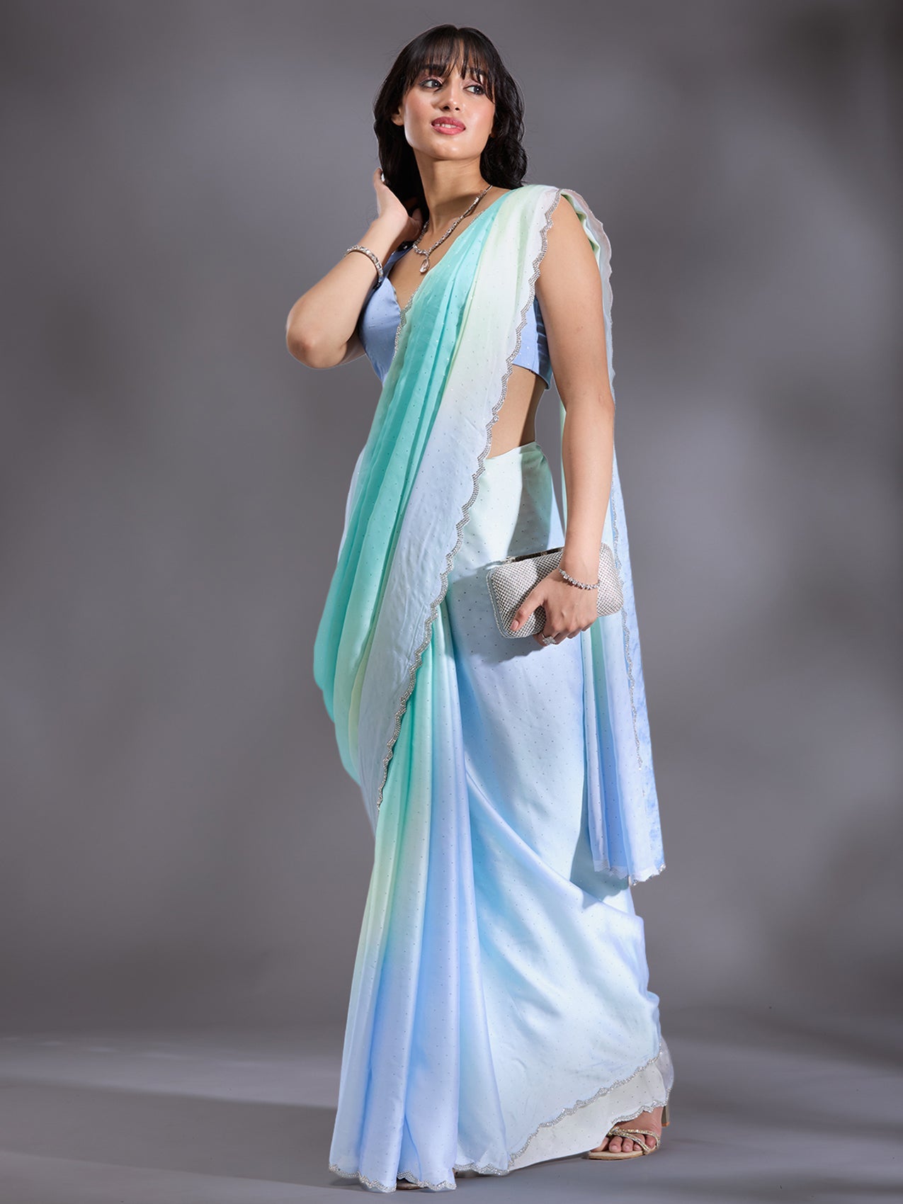 Sky Blue Stonework (Silver) Satin Saree-Koskii