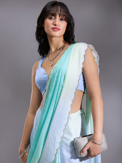 Sky Blue Stonework (Silver) Satin Saree-Koskii