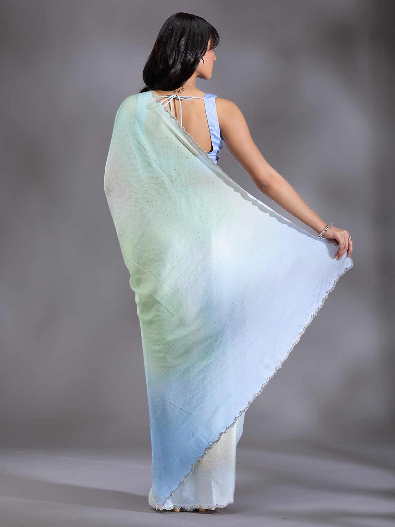 Sky Blue Stonework (Silver) Satin Saree-Koskii