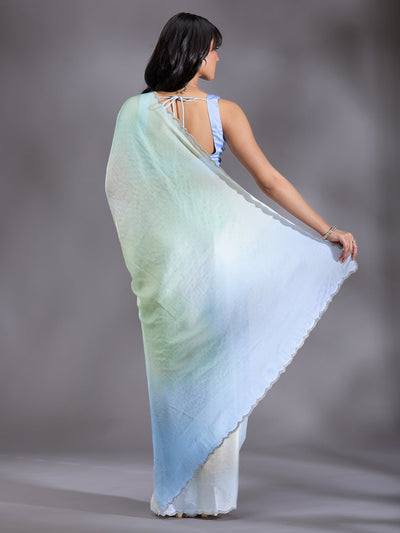 Sky Blue Stonework (Silver) Satin Saree-Koskii