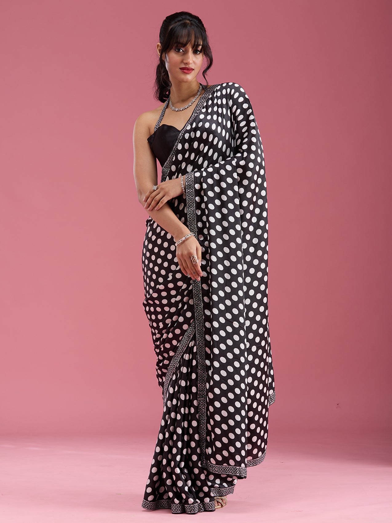 Black Stonework (Silver) Satin Saree-Koskii