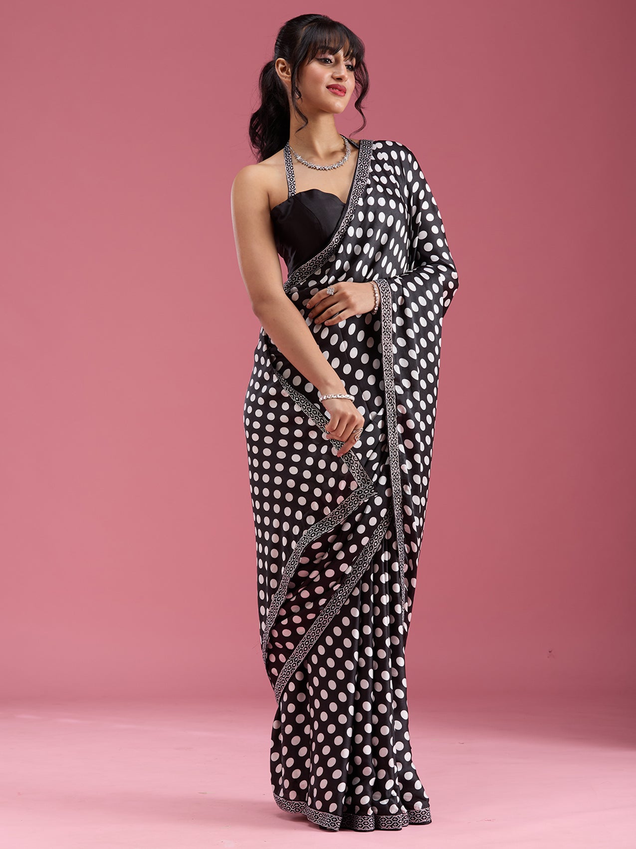Black Stonework (Silver) Satin Saree-Koskii