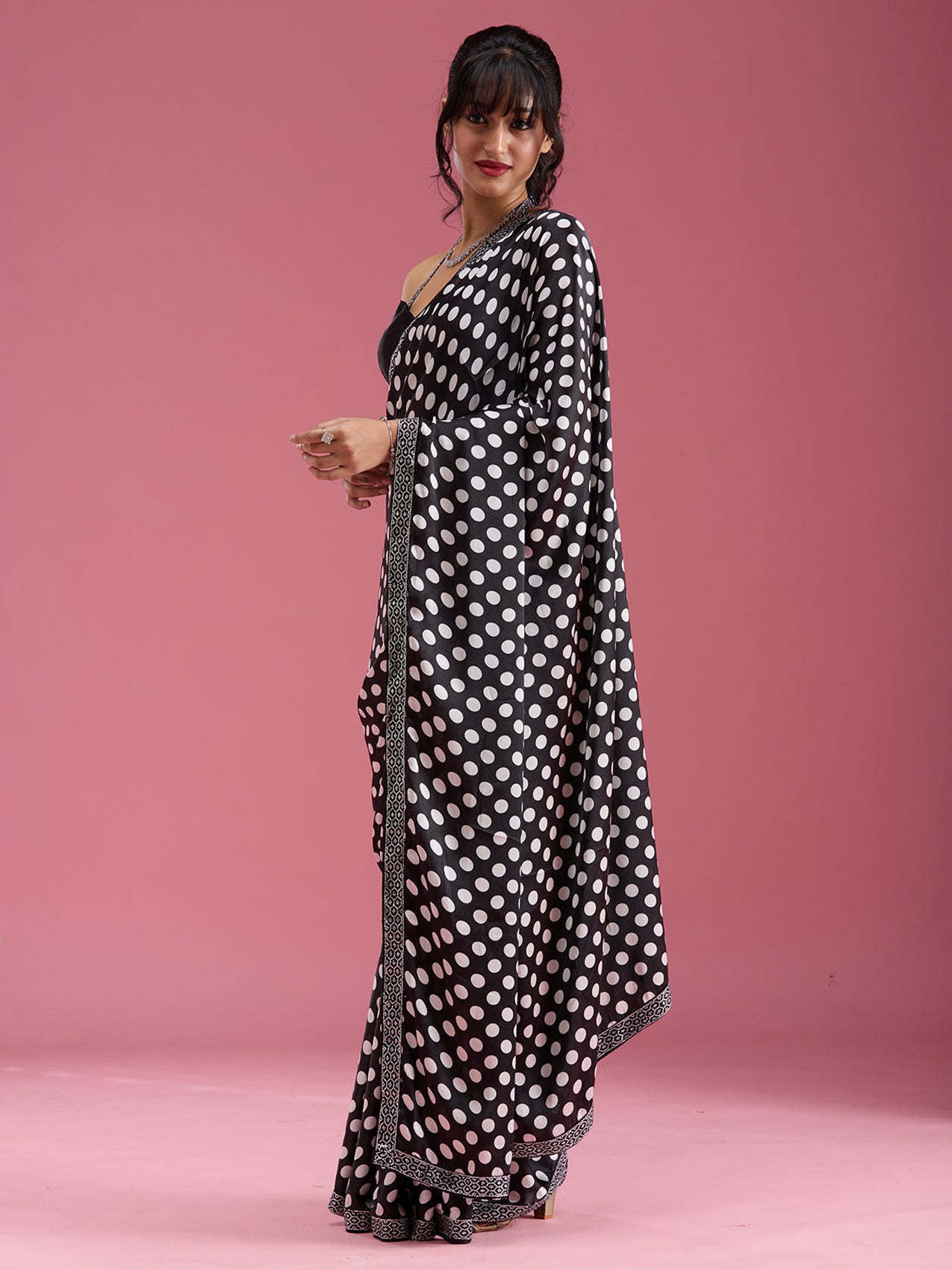 Black Stonework (Silver) Satin Saree-Koskii