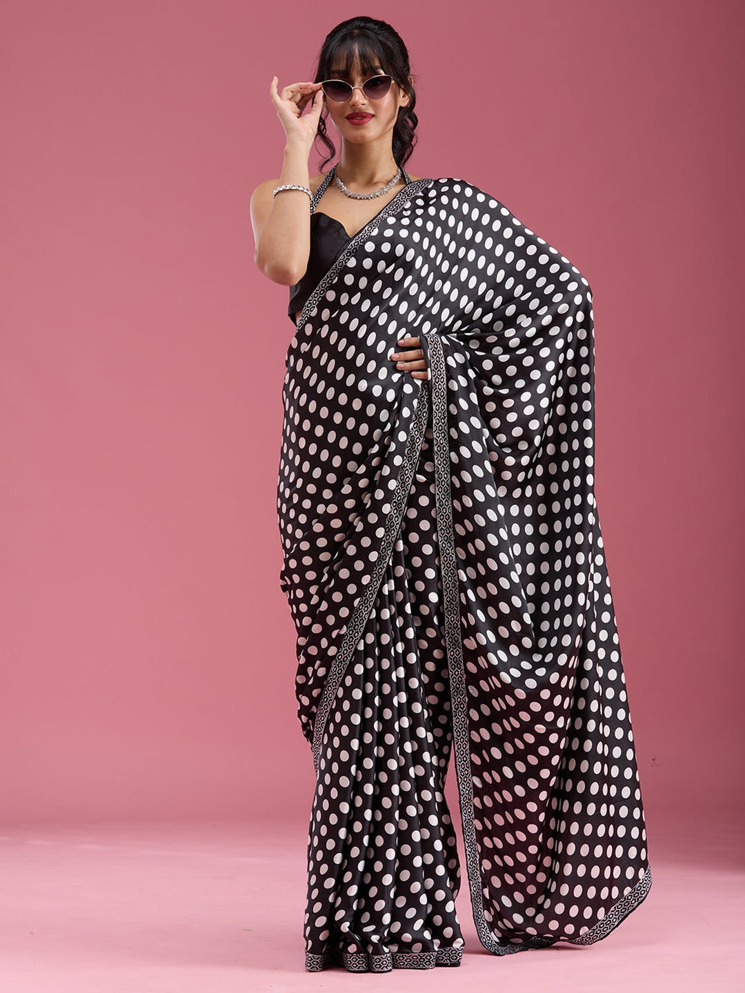 Black Stonework (Silver) Satin Saree-Koskii