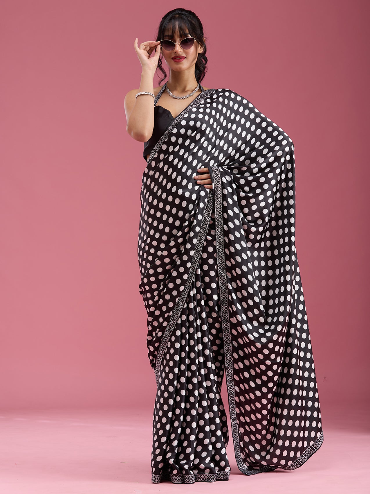 Black Stonework (Silver) Satin Saree-Koskii
