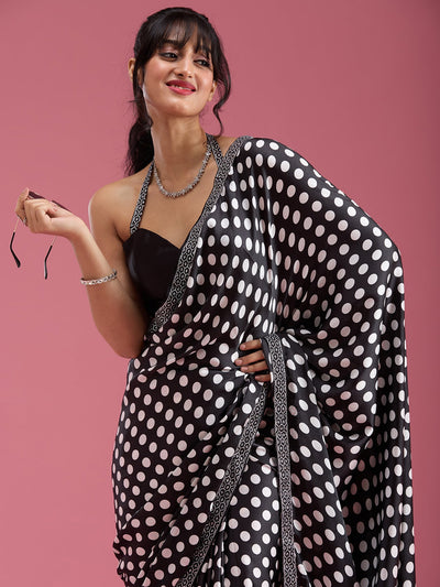 Black Stonework (Silver) Satin Saree-Koskii