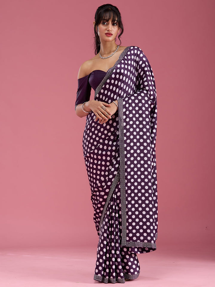 Purple Stonework (Silver) Satin Saree-Koskii
