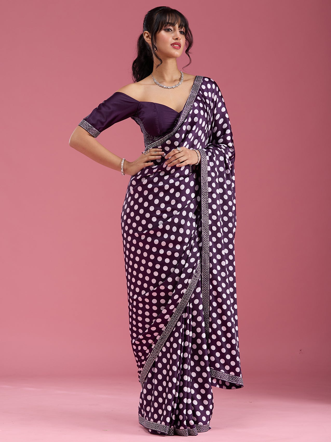 Purple Stonework (Silver) Satin Saree-Koskii