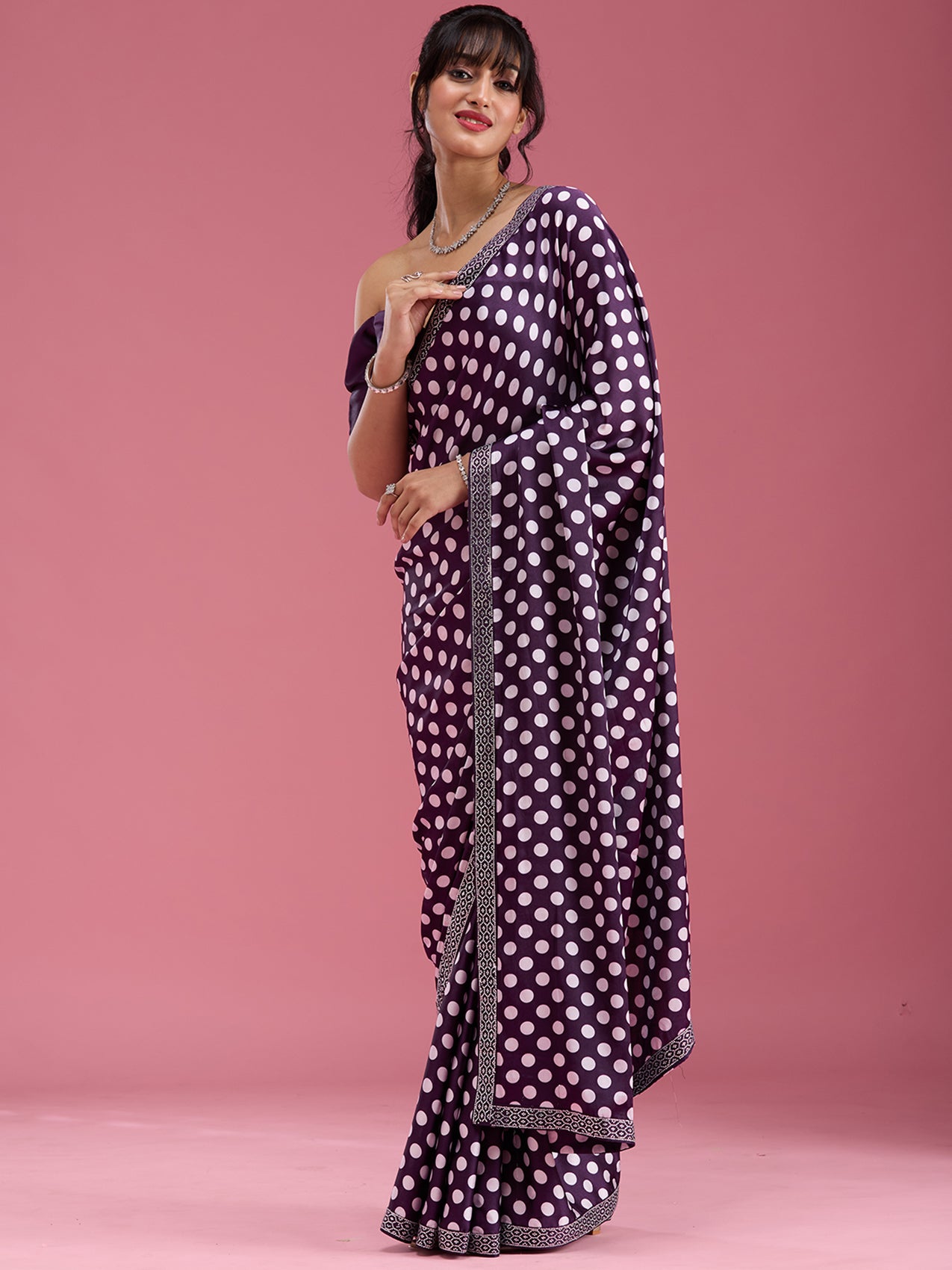 Purple Stonework (Silver) Satin Saree-Koskii