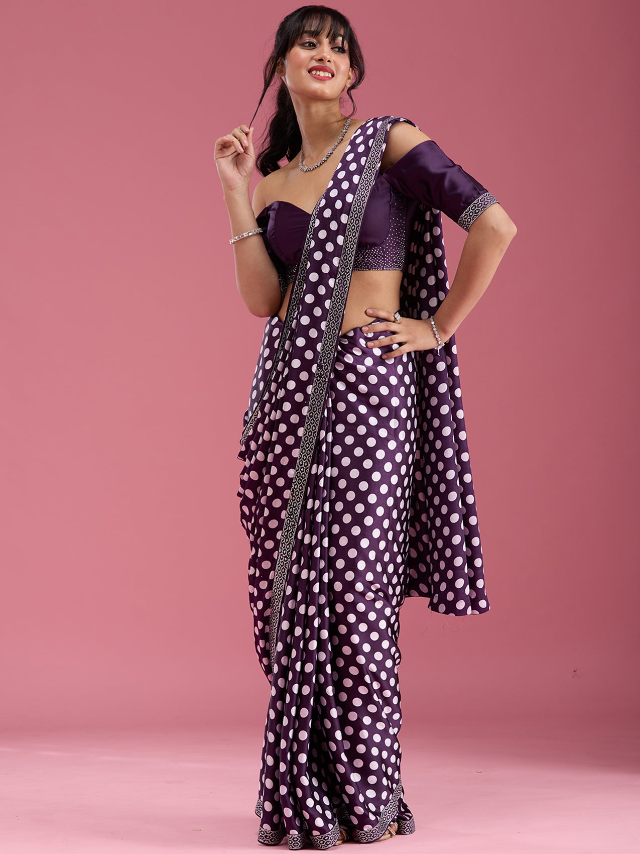 Purple Stonework (Silver) Satin Saree-Koskii