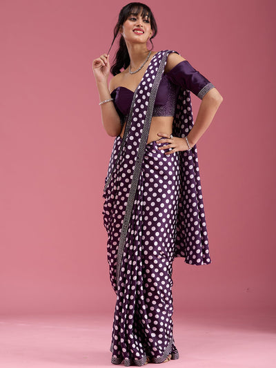 Purple Stonework (Silver) Satin Saree-Koskii