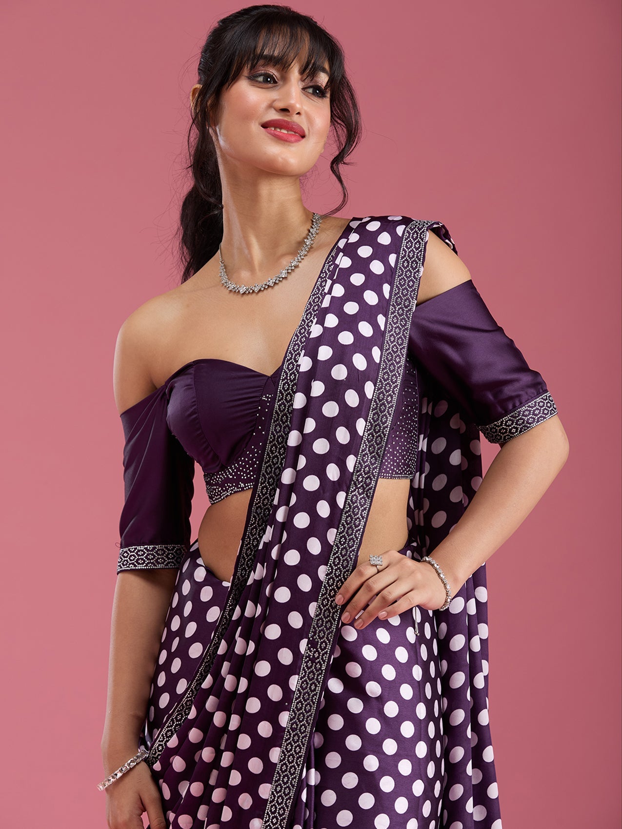 Purple Stonework (Silver) Satin Saree-Koskii