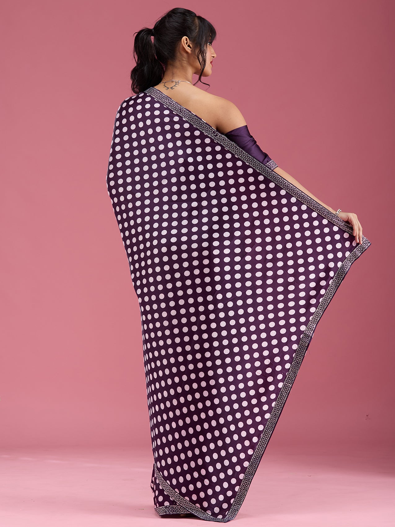 Purple Stonework (Silver) Satin Saree-Koskii