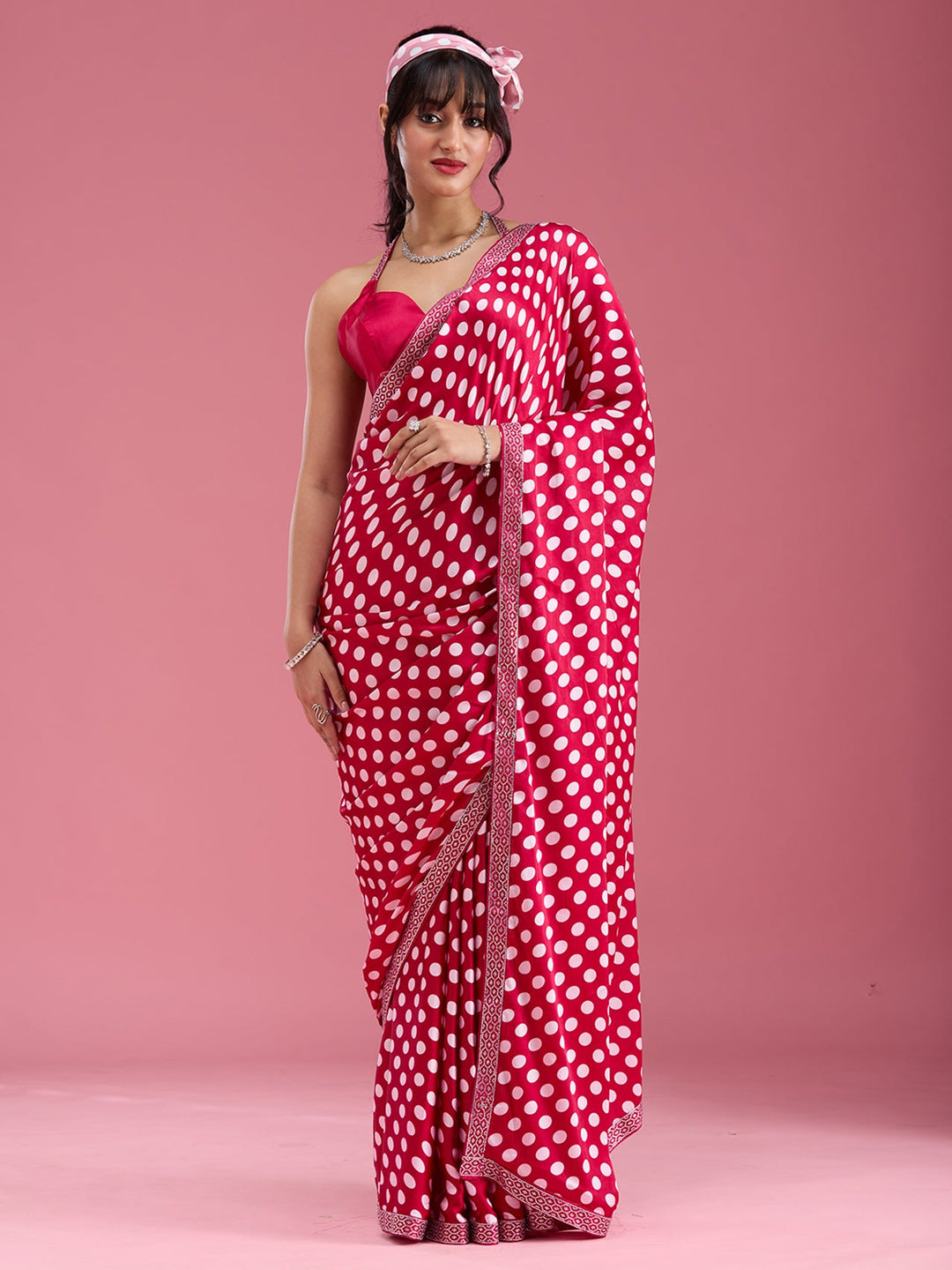 Rani Pink Stonework (Silver) Satin Saree-Koskii