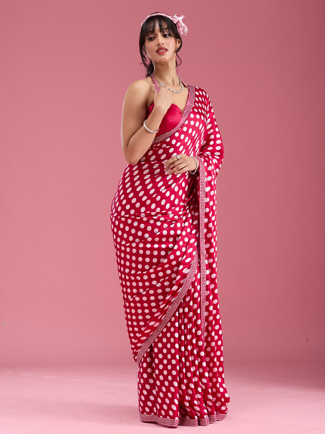 Rani Pink Stonework (Silver) Satin Saree-Koskii