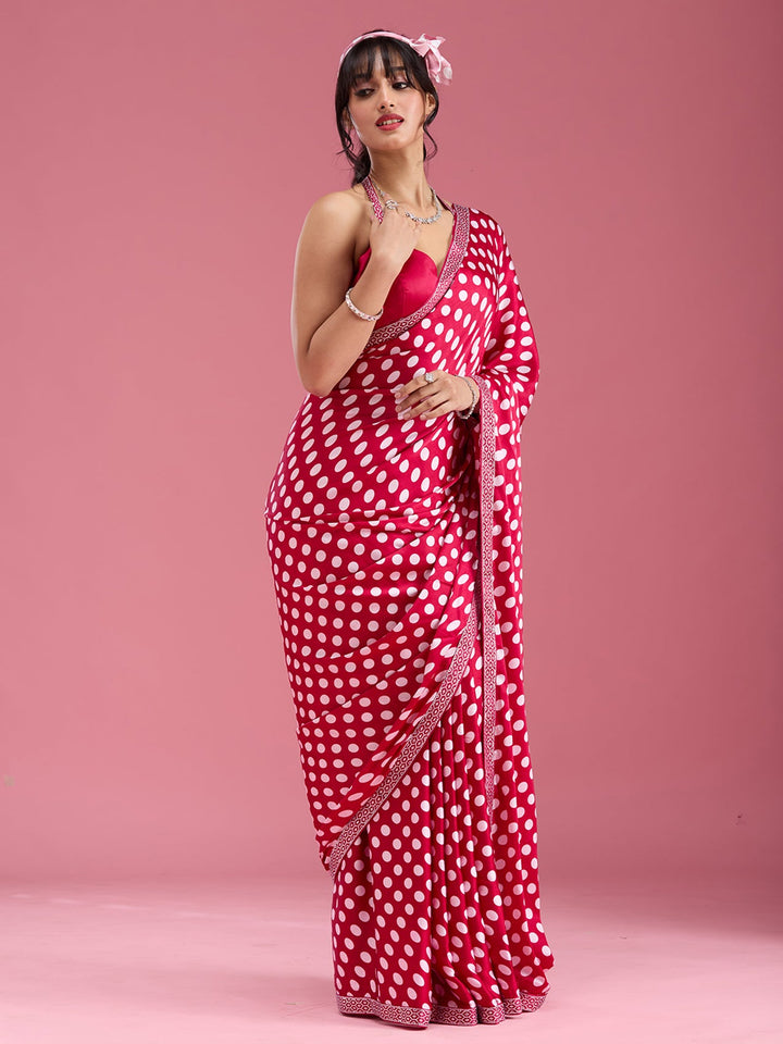 Rani Pink Stonework (Silver) Satin Saree-Koskii