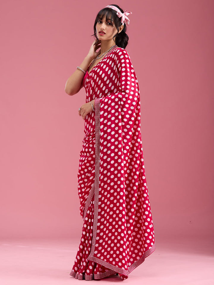 Rani Pink Stonework (Silver) Satin Saree-Koskii