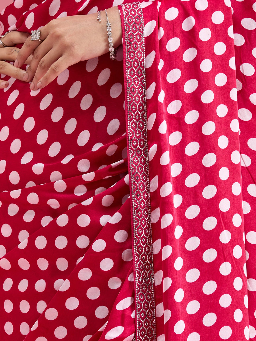 Rani Pink Stonework (Silver) Satin Saree-Koskii