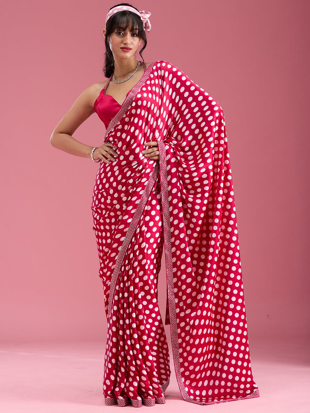 Rani Pink Stonework (Silver) Satin Saree-Koskii