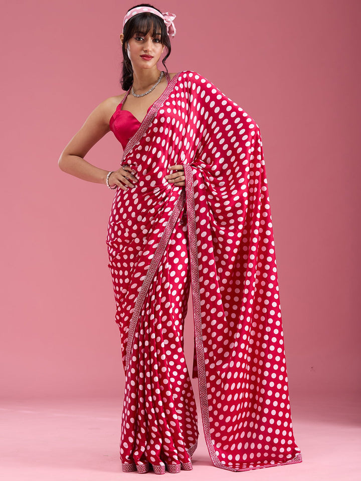 Rani Pink Stonework (Silver) Satin Saree-Koskii