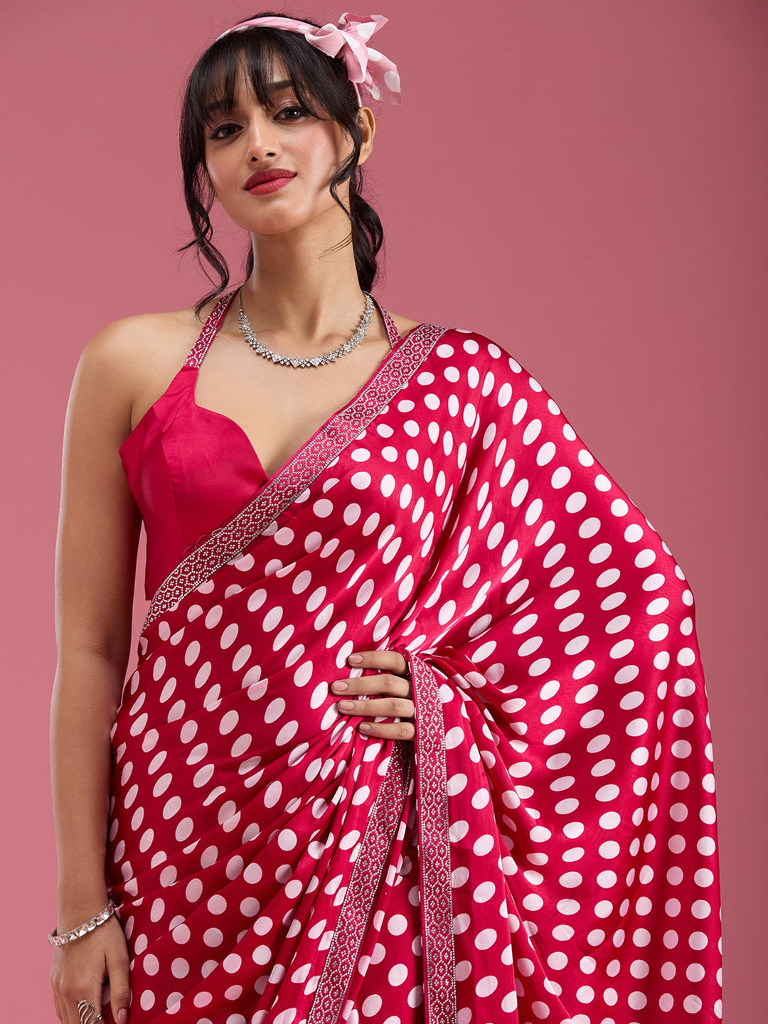 Rani Pink Stonework (Silver) Satin Saree-Koskii