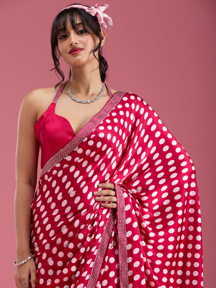 Rani Pink Stonework (Silver) Satin Saree-Koskii