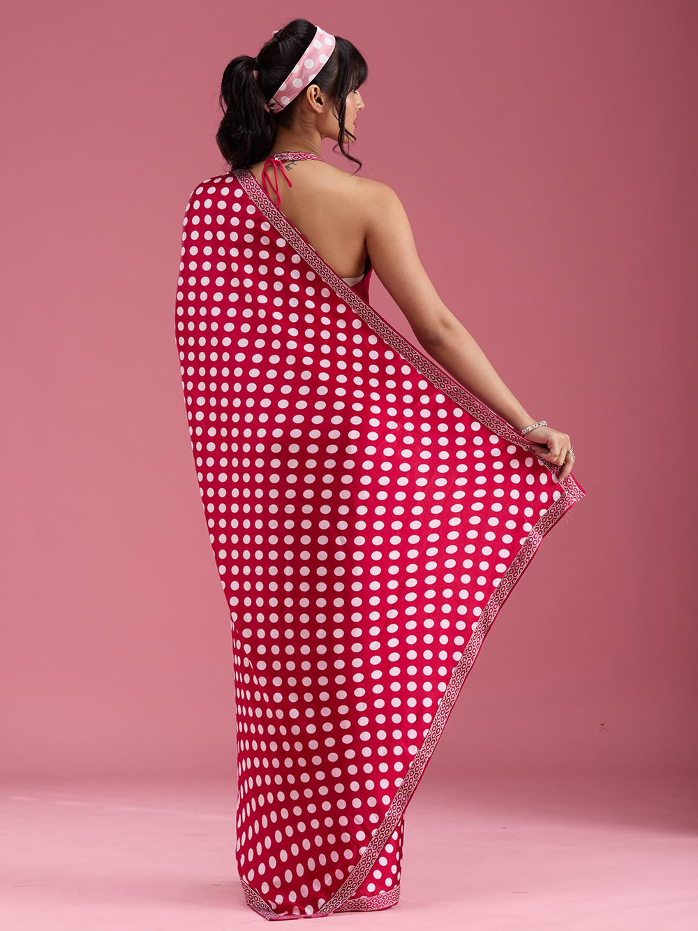 Rani Pink Stonework (Silver) Satin Saree-Koskii