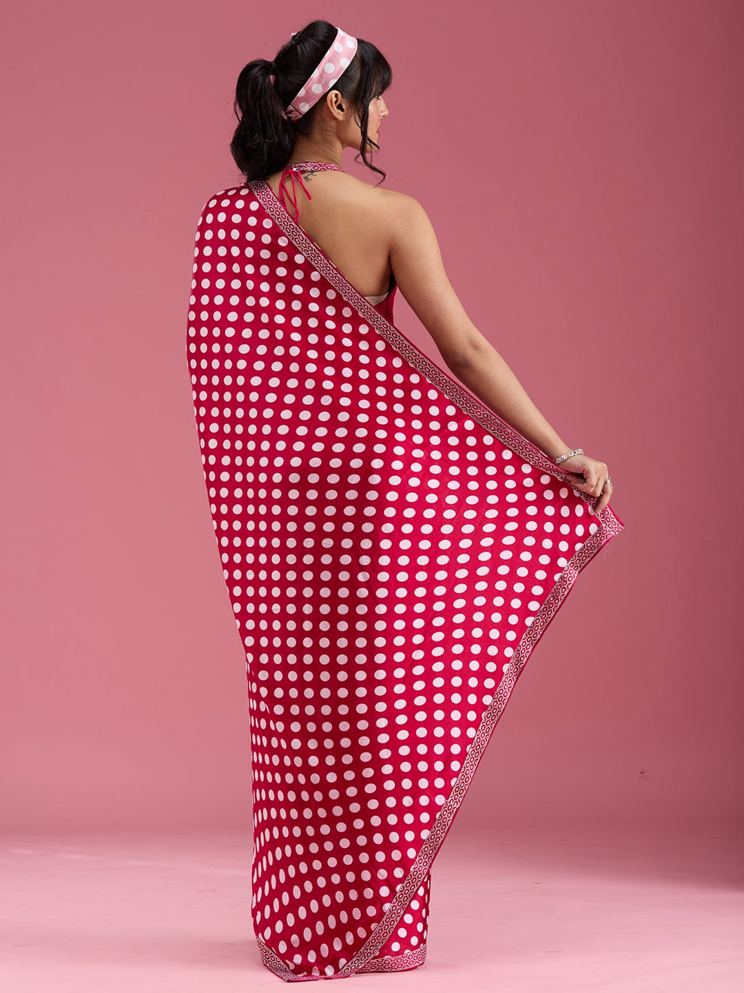 Rani Pink Stonework (Silver) Satin Saree-Koskii