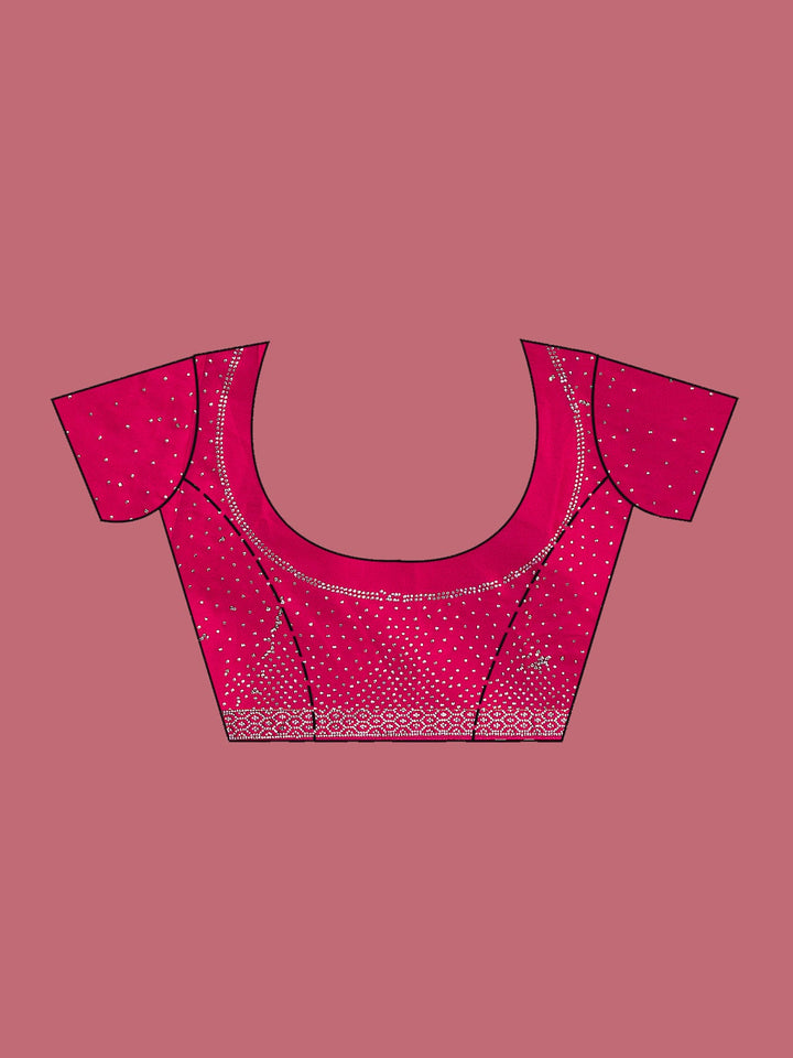 Rani Pink Stonework (Silver) Satin Saree-Koskii