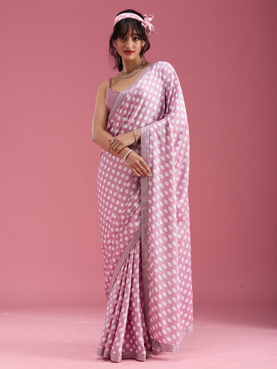 Mauve Stonework (Silver) Satin Saree-Koskii