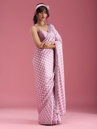 Mauve Stonework (Silver) Satin Saree-Koskii