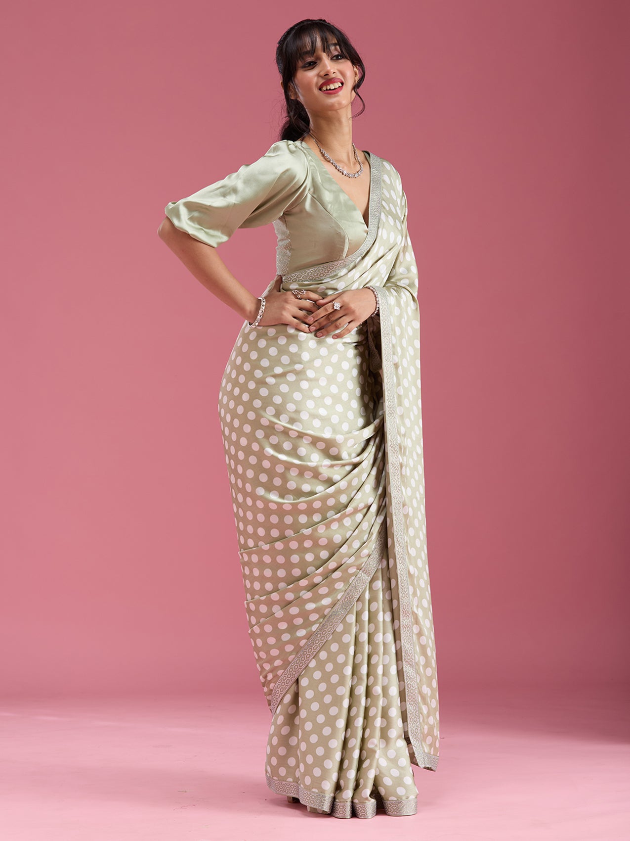 Pista Green Stonework (Silver) Satin Saree-Koskii
