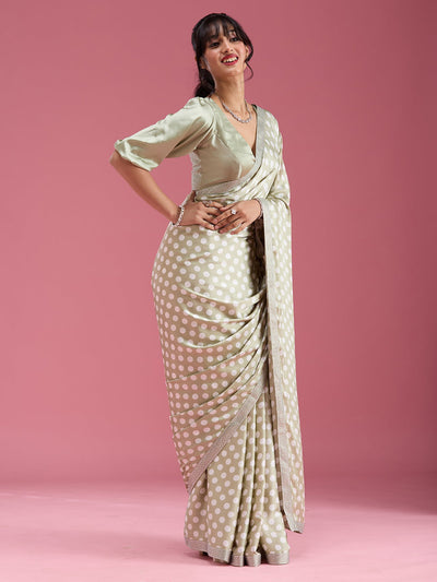 Pista Green Stonework (Silver) Satin Saree-Koskii