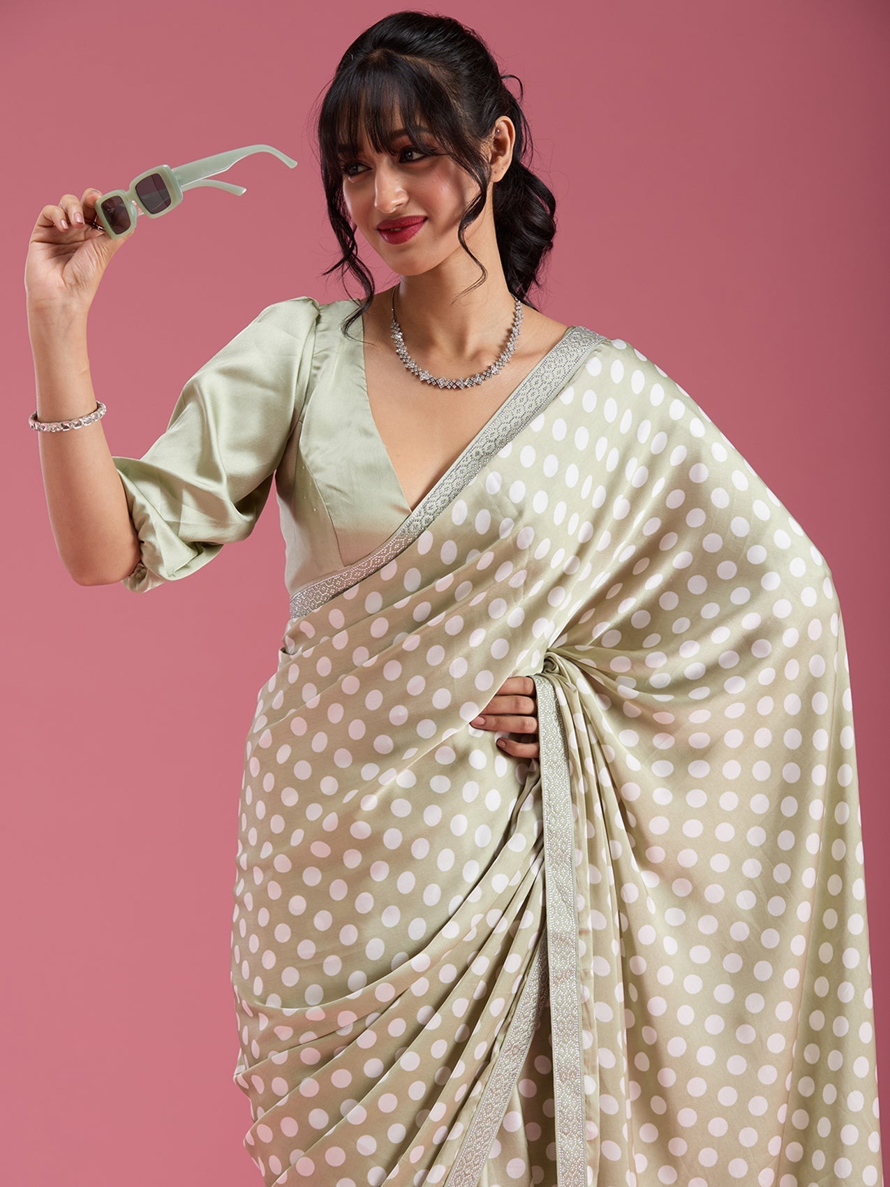 Pista Green Stonework (Silver) Satin Saree-Koskii