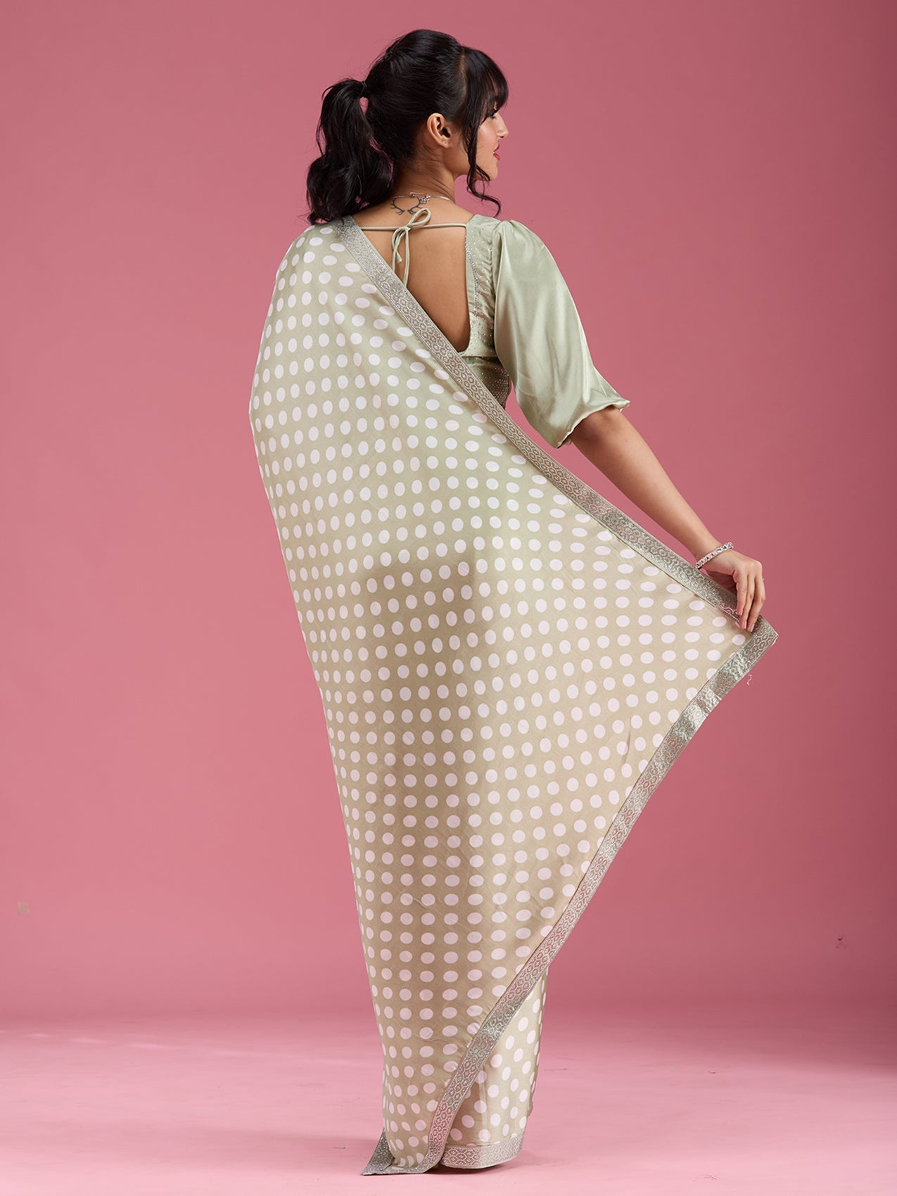 Pista Green Stonework (Silver) Satin Saree-Koskii