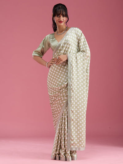 Pista Green Stonework (Silver) Satin Saree-Koskii