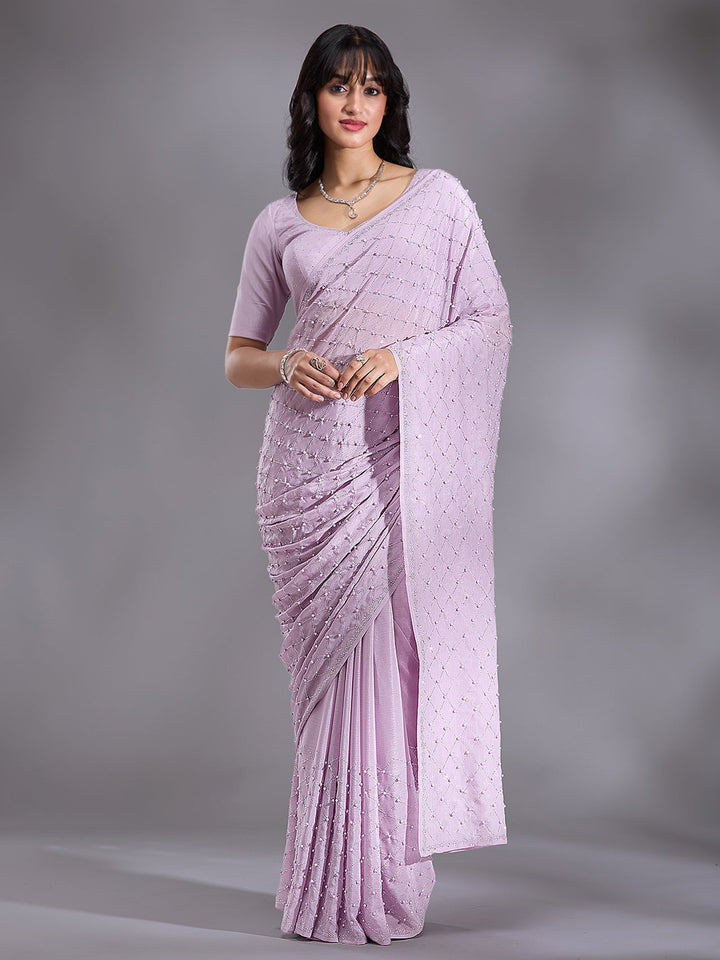 Lavender Pearlwork Chiffon Saree-Koskii