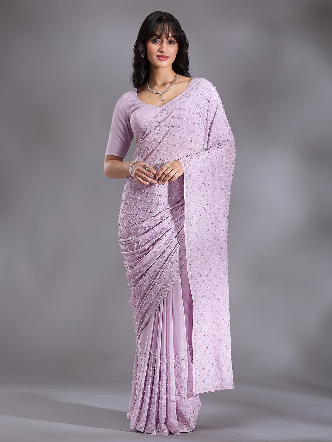 Lavender Pearlwork Chiffon Saree-Koskii